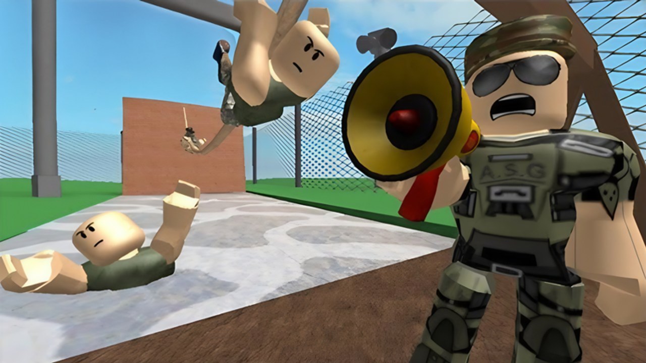 Army Escape Roblox-Screenshot des Militär-Bootcamp-Escape-Obbys mit Barracken und Hindernisparcours